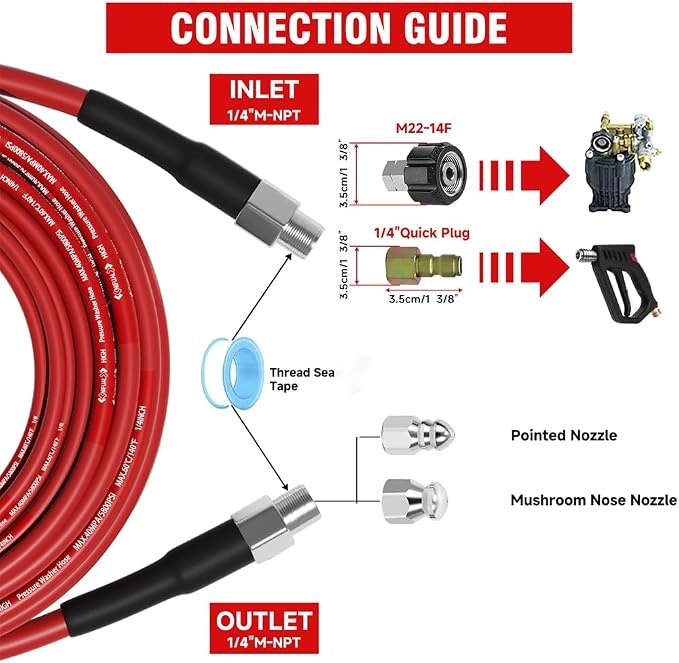 NIFUAL Sewer Jetter Kit for Pressure Washer,25FT 5800PSI Pressure Drain Cleaner 1/4 Inch NPT Corner Rotating and Button Hose Sewer Jetting Nozzle for Homeowners & DIYers (25FT)