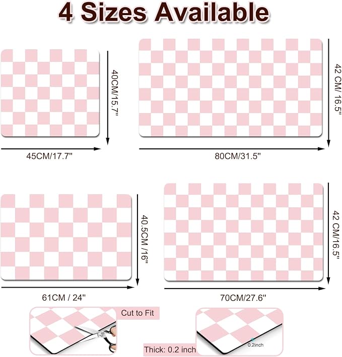 Dish Drying Mat for Kitchen, 16'' x 24'' Checkered Coffee Bar Mat for Countertops, Coffee Station Mat with Non-slip Rubber Backed, Absorbent Dish Dying Pat for Kitchen Counter, Pink & White