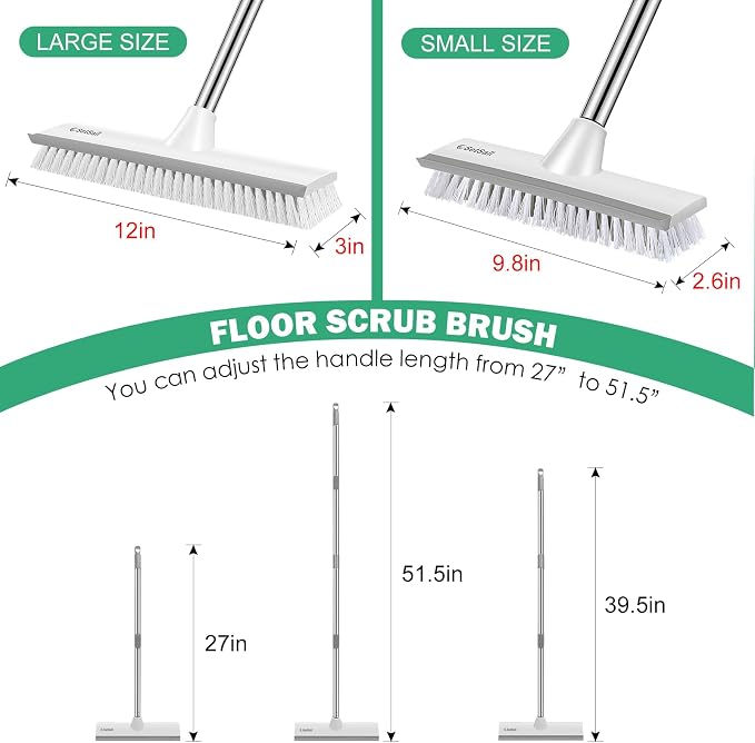 SetSail 12-in Wide Floor Scrub Brush with Long Adjustable Handle Brush | 2 in 1 Scrape Brush Stiff Bristle Floor Scrubber for Cleaning Shower Bathroom Garage Kitchen Wall Deck Tub Tile