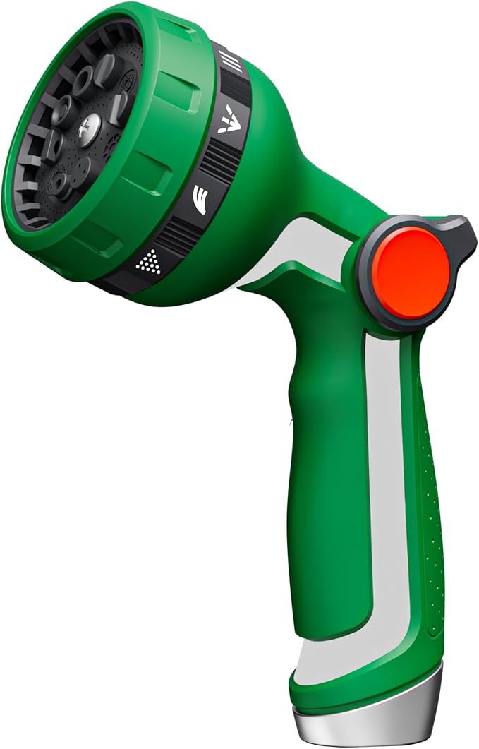 Heavy Duty Metal Garden Hose Nozzle, Thumb Control High Pressure Water Sprayer with 10 Adjustable Patterns, On Off Valve for Watering Plants & Lawns, Car Washing and Pet Showering