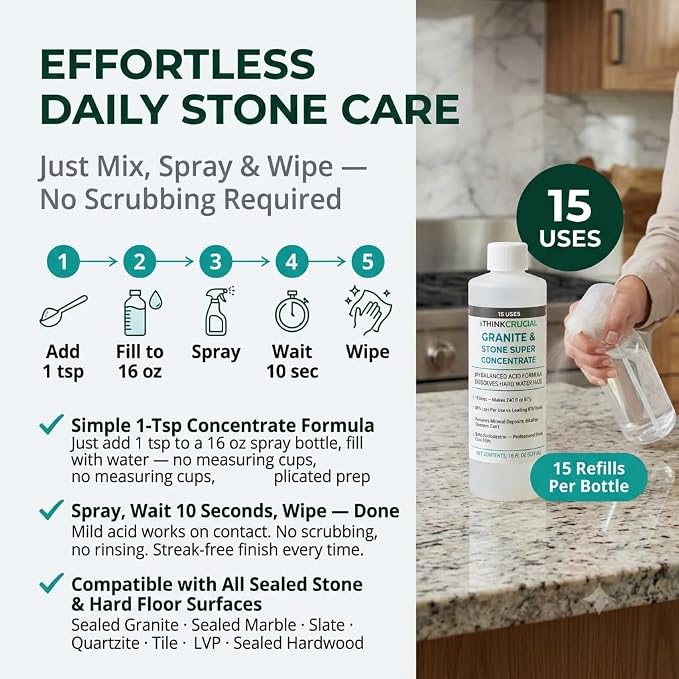 Think Crucial Granite & Marble Countertop Cleaner Concentrate, Stone Safe, 240 oz RTU, 16 fl oz