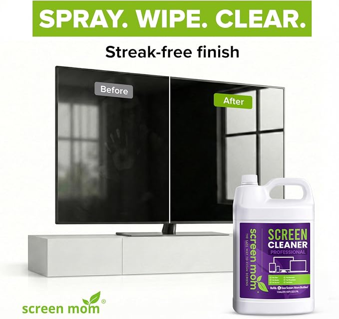 Screen Mom Screen Cleaner Spray 1-Gallon for TV, Car, Laptop and Computer | Streak-Free Formula, Glass & OLED Safe, Refill Dispensing Tap, Alcohol & Ammonia Free, Phones & Tablets Multi-Screen Cleaning