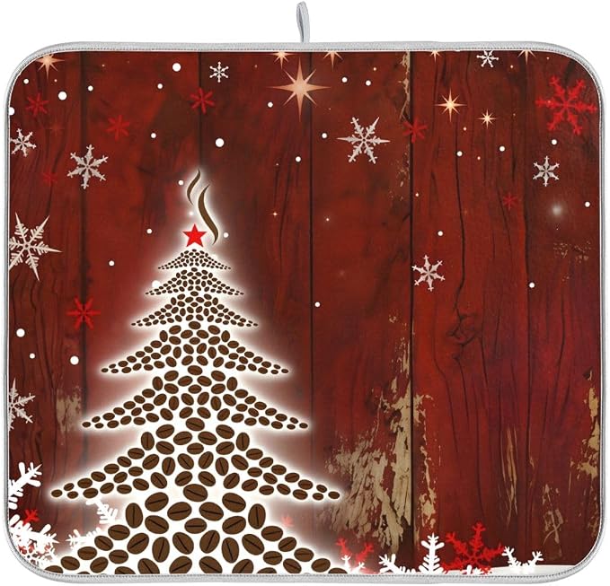 Christmas Tree With Coffee Beans Dish Drying Mat for Kitchen, Absorbent Microfiber Drying Pad Dish Mat, 24" X 18"