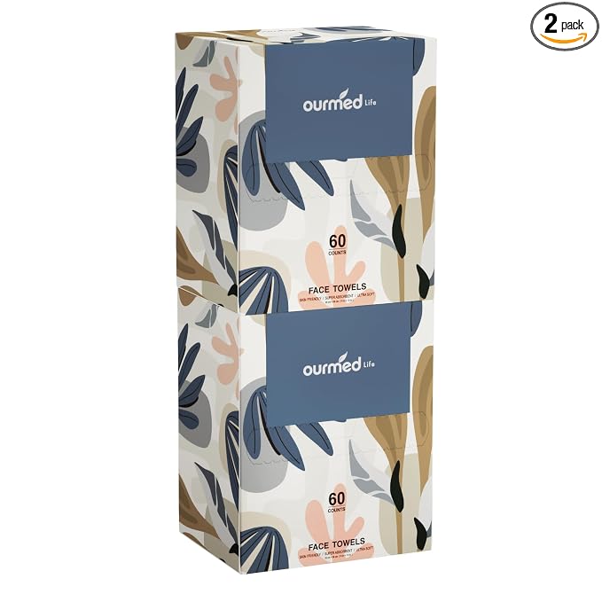 Ourmed Life Face Towels, Disposable Biodegradable Facial Towels for Sensitive Skin, Lint- free Facial Wipes for Washing Face, Skincare and Makeup Remover, Dry Wipes, 10"×7.9" Extra Large, 120 Count