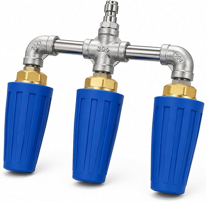 Triple Pressure Washer Turbo Nozzle, 3-Head, 1/4-Inch Quick Connect | 360° rotating power washer nozzle tips, 4000 PSI, 4-6 GPM, 2.0 orifice for driveways, concrete, patios and decks