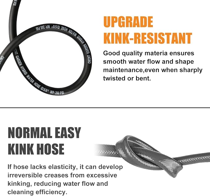 Garden Hose 50ft Heavy Duty Water Hose with 10 Function Spray Nozzle, Flexible and Durable, Lightweight Rubber Hybrid Hose, Leak-Free Connections, Male to Female Brass Fittings for Garden, Lawn, Yard