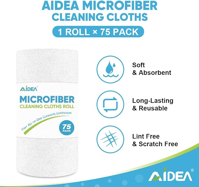 AIDEA Microfiber Cleaning Cloth Roll-75PK, Reusable Paper Towels,11.5×11.5" | Microfiber Towels for Cars, Tear Away Cloth, Commercial White Shop Rags, Lint Free Rags for House, Kitchen, Automotive