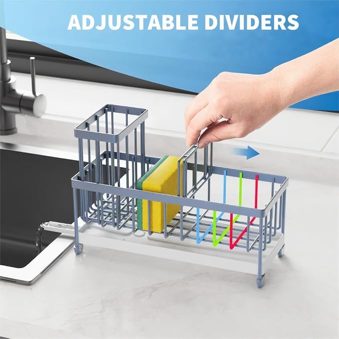 Cisily Sponge Holder for Kitchen Sink, Sink Caddy Organizer with High Brush Holder, Kitchen Countertop Organizers and Storage Essentials, Rustproof 304 Stainless Steel (Gray Blue, 9.25″)