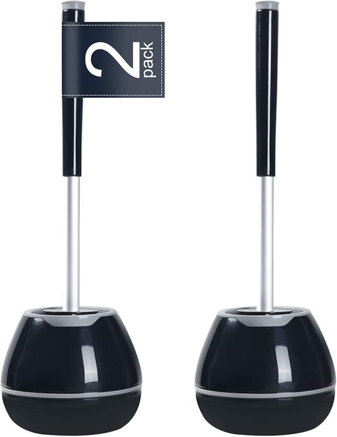BOOMJOY Toilet Brush and Holder 2 Packs, Silicone Toilet Bowl Brush with Tweezers for Bathroom, RV Cleaning-Black & Grey