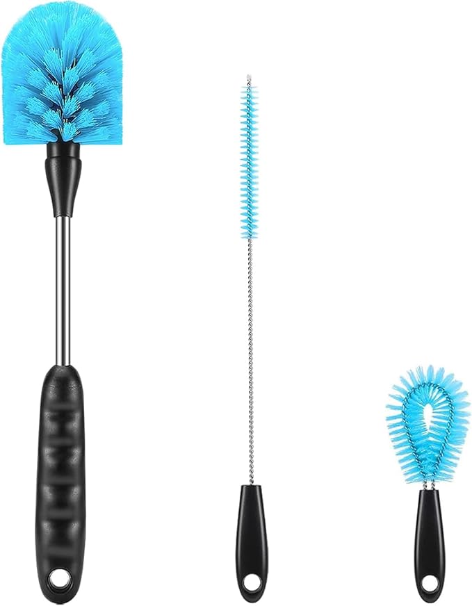 12.2 inch Bottle Brush Set of Three，Washable Coffee Cups, Water Bottles, Baby Bottles, Straws, to-go Cups, Long-Handled 3-in-1 Stainless Steel Bottle Brushes. (Blue)