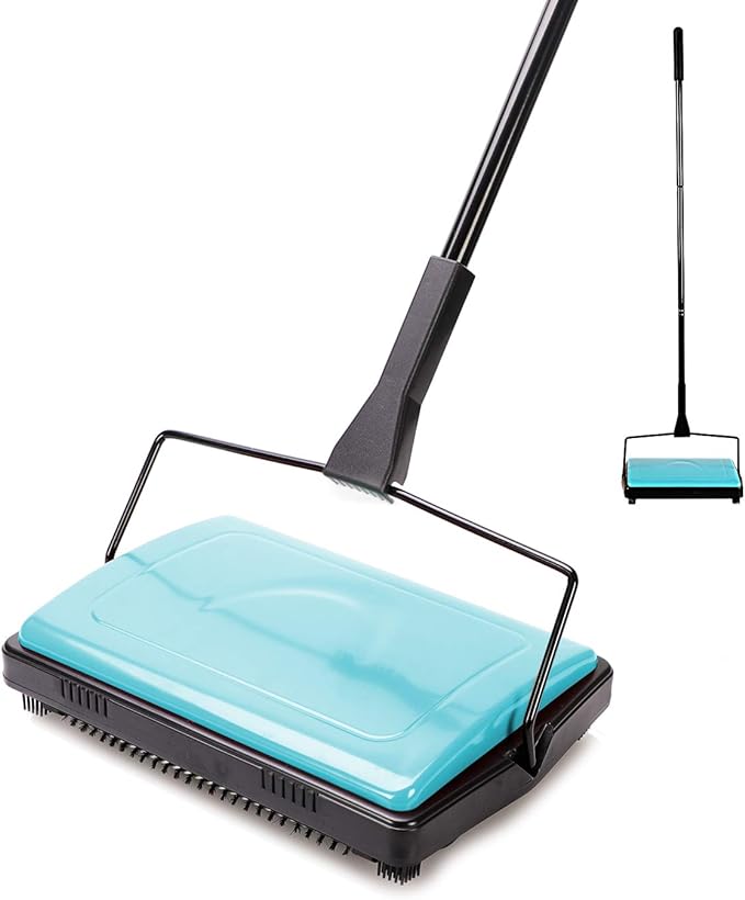 Yocada Carpet Sweeper Cleaner Manual Household Sweeper Lightweight Blue | Non-Electric Hand Push for Home Office Low&Undercoat Carpets Rugs Pet Hair Dust Scraps Paper Rubbish Cleaning with a Brush