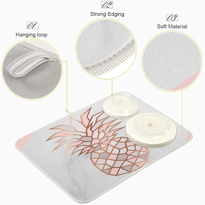Super Absorbent Dish Drying Mat, Microfiber Fast-Drying Dish Mat, 24" x 18", Kitchen Dish Drying Pad, Rose Gold Pineapple On Pink And White Marble