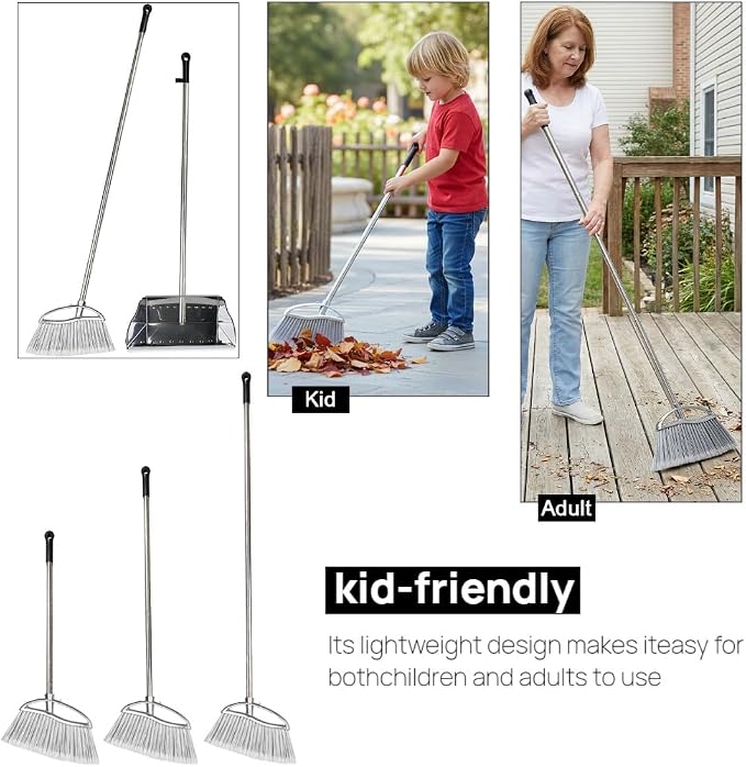 Outdoor Broom and Dustpan Comb Set,Heavy Duty Stainless Steel Metal Dust Pan with Long Handle Commercial Stiff Bristles Broom for Home Garage Garden Patio