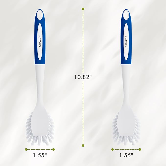 Amazer Dish Brush with Handle, 2 Pack Kitchen Scrub Brushes with Built-in Scraper for Cleaning, Dish Scrubber with Stiff Bristles for Sink, Pots, Pans (Blue+Blue)