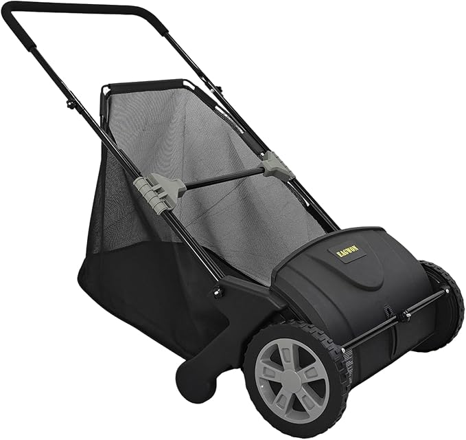 Push Lawn Sweeper, 21-Inch Width, 3.5 Cu. Ft. Hopper Capacity, 4 Spinning Brushes, Adjustable Height, Durable Steel Frame with Rubber Wheels, Black