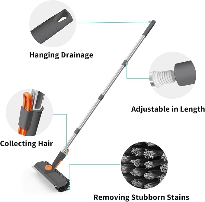 AIR U+ Floor Scrub Brush with Long Handle, 3-in-1 Rotating Head & Squeegee | Stiff Dual-Sided Bristles for Shower, Bathroom, Kitchen and Patio, 30–50 In Handle for Easier Stand-up Cleaning, Gray