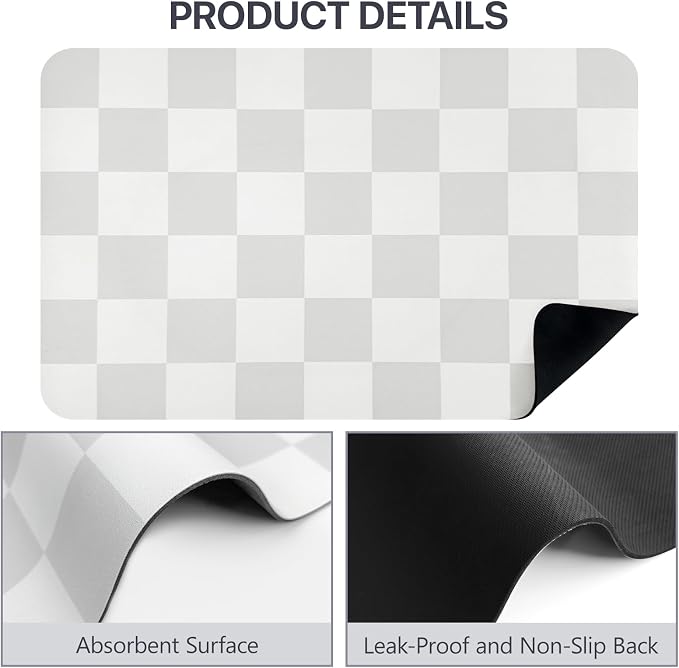 Dish Drying Mat for Kitchen Counter,16"x 24" Super Absorbent Kitchen Dish Drying Pad, Coffee Bar Mat with Rubber Backed, Coffee Bar Accessories for Countertop Dishes Utensils,Grey Checkered