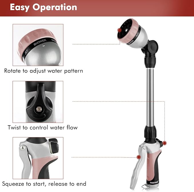 RESTMO Heavy Duty Metal Hose Wand, Watering Wand for Garden Hose | 180° Swivel Ratcheting Head, 16'' Hose Sprayer, 7 Spray Patterns, Flow Control, Ideal for Hanging Baskets & Shrubs, Rose Gold
