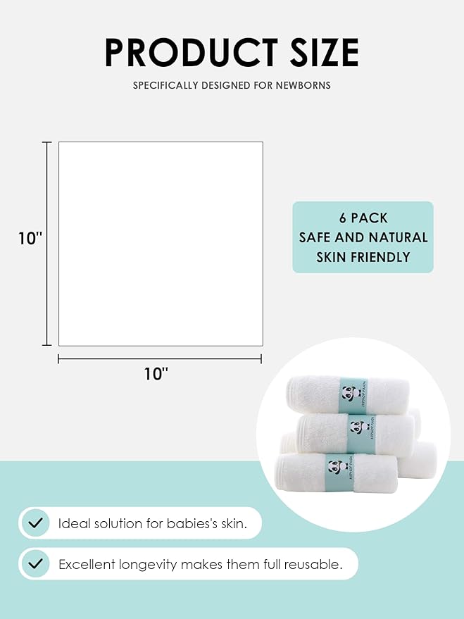 HIPHOP PANDA Baby Washcloths, Rayon Made from Bamboo - 2 Layer Ultra Soft Absorbent Newborn Bath Face Towel - Reusable Baby Wipes for Delicate Skin - White, 6 Pack