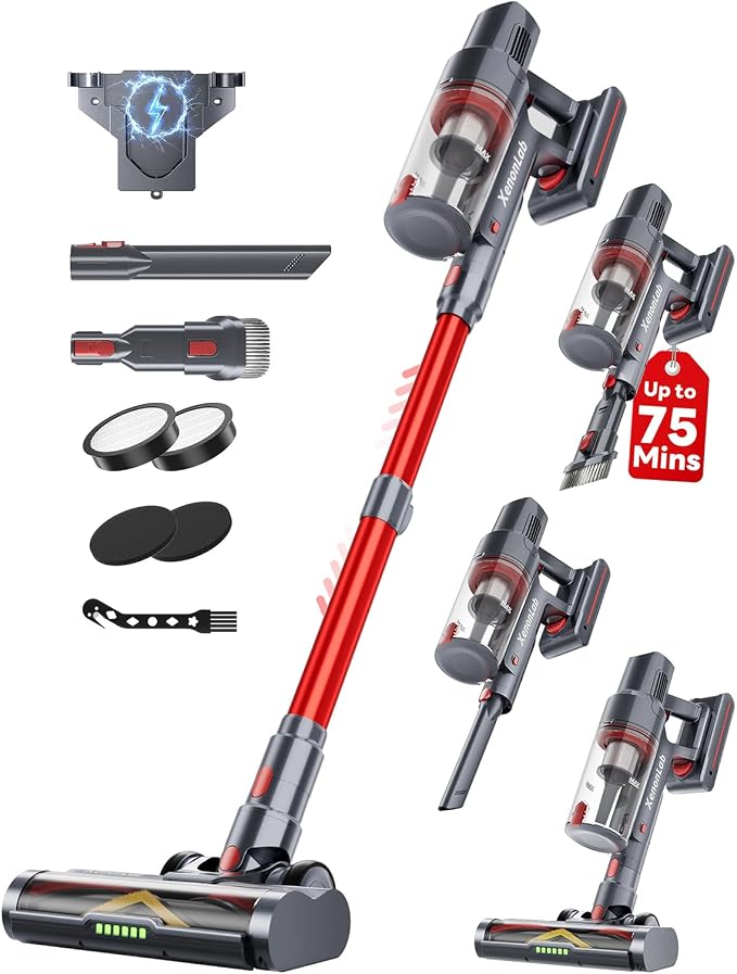 Cordless Vacuum Cleaner, 75Mins/55KPa/650W, Rechargeable | Anti-Static&Anti-Tangle Brush, Extra Replacement Washable HEPA Filter, for Hard Floor, Carpet, Pet Hair, Freestanding