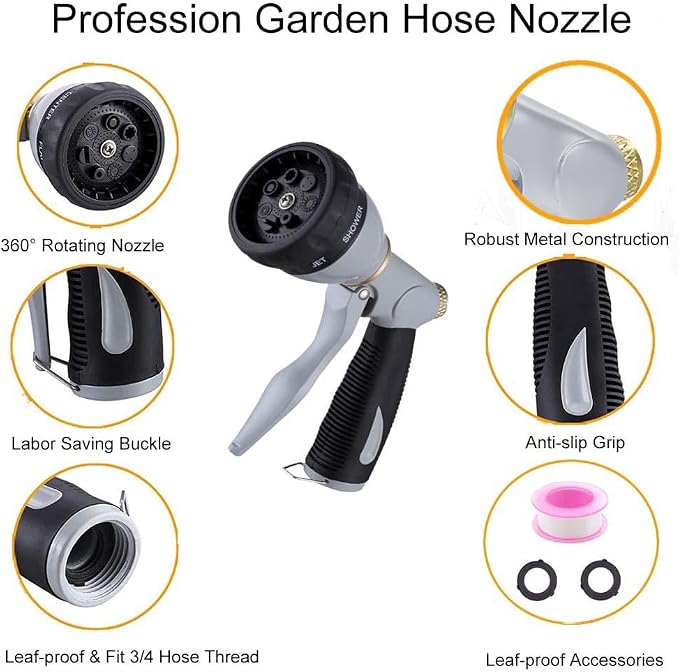 Metal Garden Hose Nozzle Heavy Duty, High Pressure with 8 Patterns | Water Hose Sprayer Nozzle, Non-Slip Grip Hose Sprayer Outdoor for Watering Plants & Lawns, Washing Cars & Pets
