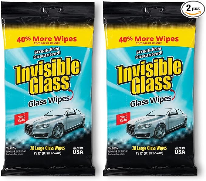 Invisible Glass 90161-2PK Large Glass Cleaning Wipes for Streak-Free Windows, Mirrors, and Glass, Lint-Free, Ammonia-Free, Tint-Safe, for Home and Auto, Flat Pack, 28 Count (Pack of 2)