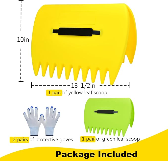 2 Sets Leaf Scoops Hand Rakes, Leaf Scoops and Claws with 2 Pairs Gloves, Lightweight Plastic Leaf Scoop, Large Leaf Grabbers for Picking Up Leaves, Clippings, Grass(2 Sets,Yellow+Green)