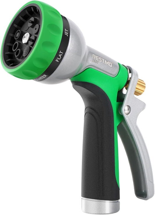 RESTMO Garden Hose Nozzle Heavy Duty, Rear Trigger Water Sprayer, Green | 7 Adjustable Spray Patterns, Durable Metal, Flow Control, Ideal for Plants & Lawns Watering, Cars & Pets Washing