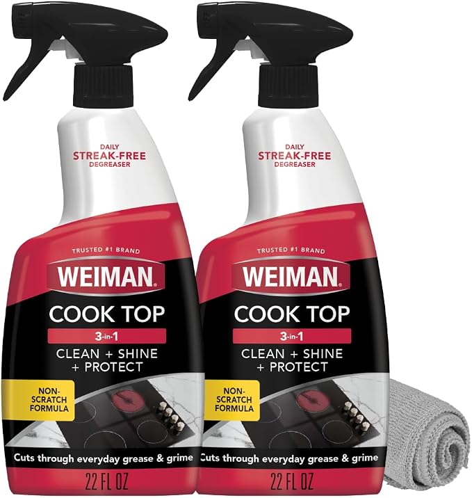Weiman 2-Pack Cooktop Cleaning Spray & Microfiber Cloth – Cooktop & Oven Cleaner for Streak & Residue Free - Non-Abrasive Degreaser Safe for Glass & Ceramic