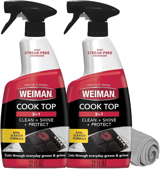Weiman 2-Pack Cooktop Cleaning Spray & Microfiber Cloth – Cooktop & Oven Cleaner for Streak & Residue Free - Non-Abrasive Degreaser Safe for Glass & Ceramic