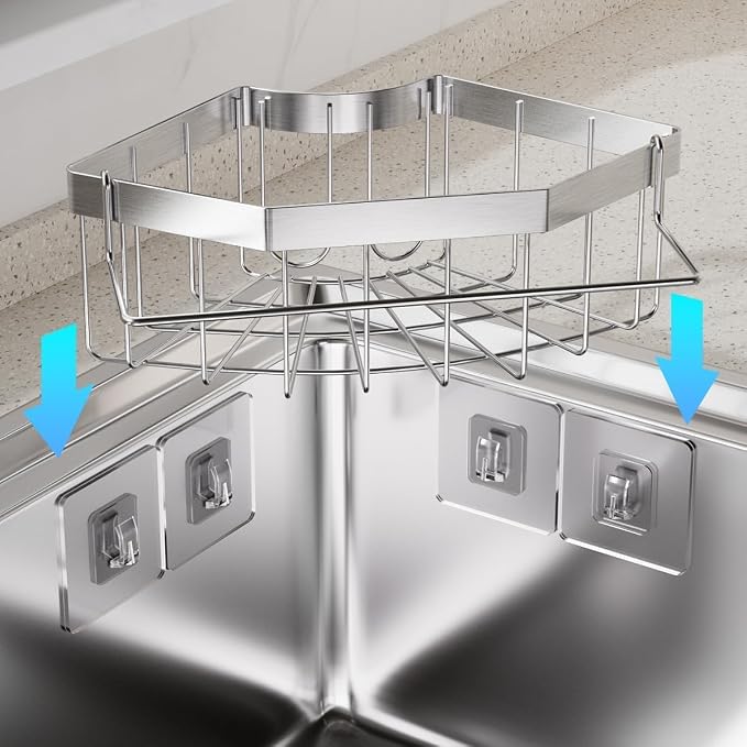 Sink Organizer, Silver Stainless Steel Sponge Holder with Towel Bar, Self-Adhesive Kitchen Storage Rack，Suitable for right-angle sinks