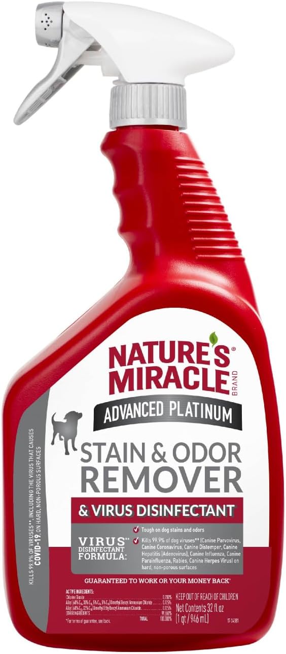 Nature’s Miracle Advanced Platinum Stain and Odor Remover and Virus Disinfectant, 32 Ounces, Disinfects and Cleans