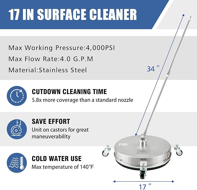 janz 17" Pressure Washer Surface Cleaner with 4 Wheels, 1/4" Quick Plug, 2 Extension Wands, 2 Replacement Nozzles and 3 Spray Nozzles, 4000 PSI