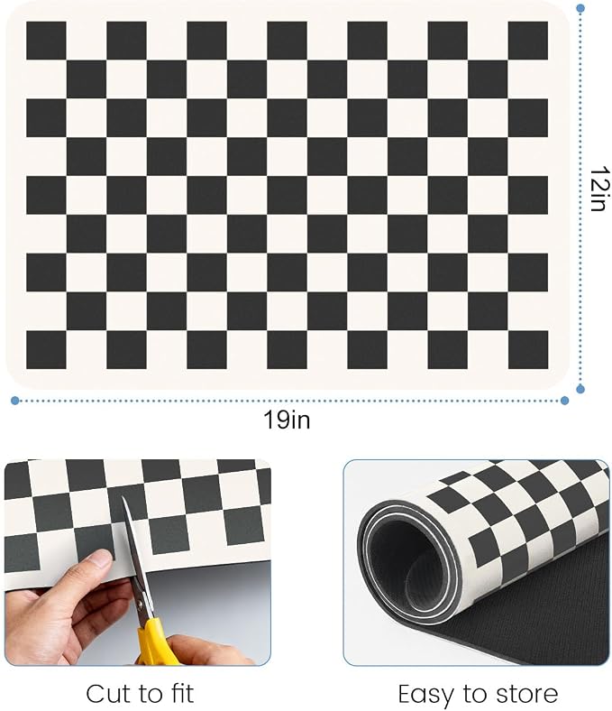 Clinuse Coffee Mats, 19"x12" Checkered Dish Drying Mat for Kitchen Counter, Quick Dry Mat, Diatomite Absorbent Aesthetic Large Drying Mats for Coffee Bar - Black White