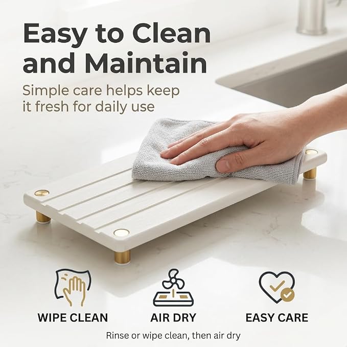 Razborci Instant Dry Sink Caddy Kitchen Sink Organizer, Quick Drying Stone Tray Diatomite Sponge Holder Soap Dish, Bathroom Countertop Fast Dry Water Absorbing Vanity Rack, Gold White, 12" x 5"