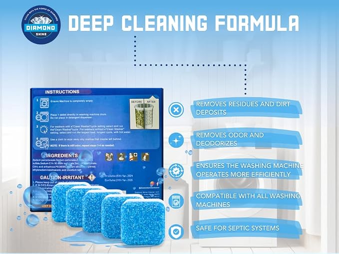 Diamond Shine Appliance Cleaner Bundle, 72 Tablets Total – Dishwasher, Garbage Disposal & Washing Machine Descaler Tabs – Septic Safe, Deodorizing, 1-Year Supply