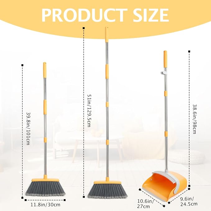 Broom and Dustpan Combo Set,Long Handle, Gray Yellow | Heavy Dust, Dustpans with Broom Combo for Home, Kitchen, Office, Classroom,Apartment, Pet Hair