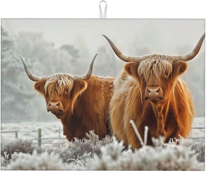 Highland Cow Dish Drying Mat For Kitchen Counter, Super Absorbent Microfiber Dish Drying Pad, Kitchen Gadgets For Easy Clean Multi-Use Large 18"x24"