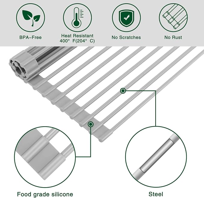 HANZENMA Roll Up Dish Drying Rack Over The Sink Kitchen Roll Up Sink Drying Rack Multipurpose Foldable Sink Drying Mat, Heat-Resistant, Anti-Slip & Anti-Rust Dish Rack for Kitchen, 20.5" x 13", Grey