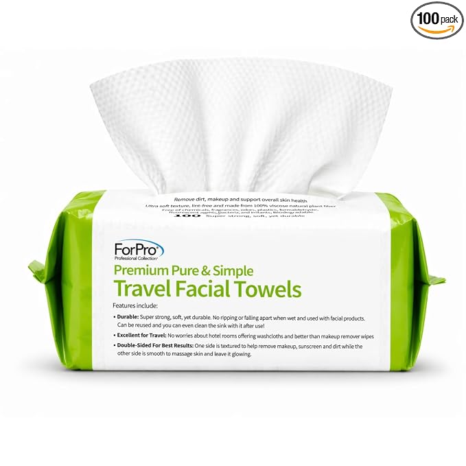 ForPro Travel Size Disposable Face Towels, 8"x8" Compact Dry Wipes, Ultra Soft Lint-Free Viscose Makeup Remover Pads for Sensitive Skin, Biodegradable, Vegan, 100-Count
