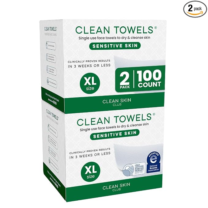 CLEAN SKIN CLUB Sensitive Skin Clean Towels® XL, Ultra-Soft Disposable Face Dry Wipes Infused with Aloe & Glycerin, XL - 2 Pack (100 count)