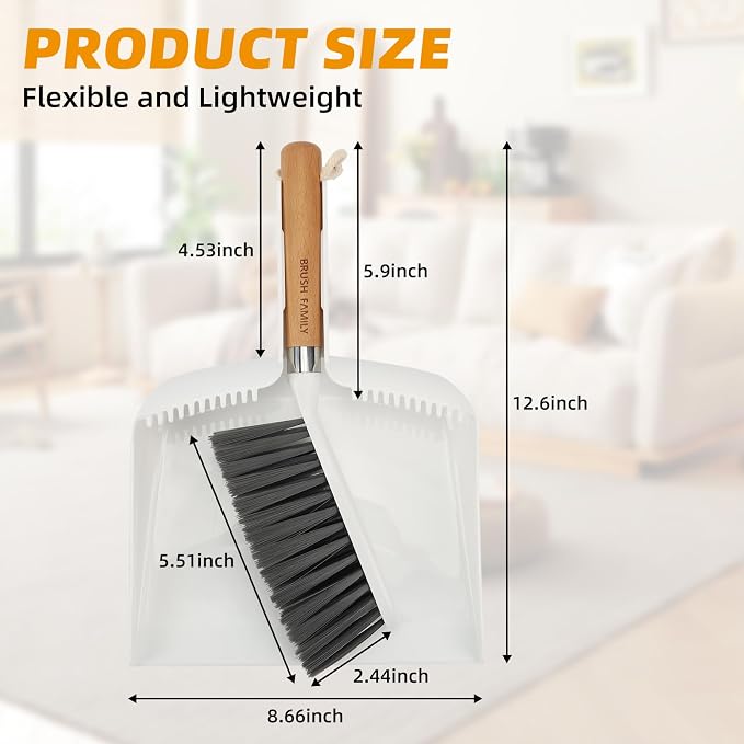 Small Broom and Dustpan Set, Multipurpose Dustpan and Brush Set with Wood Handle Teeth,13 x 8.7 inch, Hangable Portable Cleaning for Kitchen, Desktops, Bedroom, Pet Care, Camping, White,1 Set