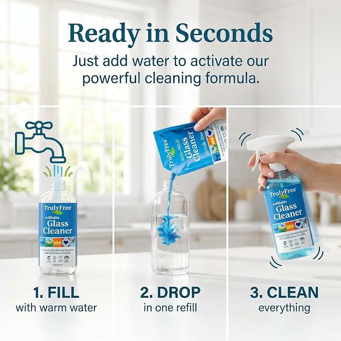 Truly Free Natural Glass Cleaner Kit - Removes Dirt & Debris for Sparkling Clean Windows & Glass Surfaces at Home, Office & Garage, Includes 16 oz Reusable Empty Bottle + Two Fills, 3 oz ea.