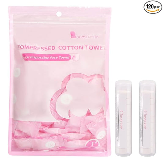 Classycoo Compressed Towel 120 PCS with 2 Carrying Cases,Disposable Mini Tablets Portable Face Towel Cotton Coin Tissue for Travel, Camping, Hiking, Sport, Home Hand Wipes, Outdoor Activities (Pink)