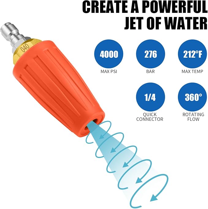 Turbo Nozzle Pressure Washer, 4000 PSI Max Orange Rotating Nozzle | Power washer nozzle with 1/4 inch quick connect for cleaning brick, concrete, vinyl surfaces, driveways, patios and sidewalks