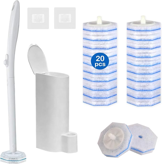 Toilet Brush and Holder Set - Disposable Toilet Bowl Wand Refills with Toilet Bowl Cleaners, Toilet Brush Set Includes 20 Refill Heads, Wand & Storage Caddy - 5X Cleaning Power