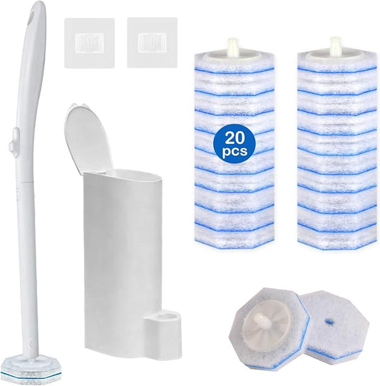 Toilet Brush and Holder Set - Disposable Toilet Bowl Wand Refills with Toilet Bowl Cleaners, Toilet Brush Set Includes 20 Refill Heads, Wand & Storage Caddy - 5X Cleaning Power