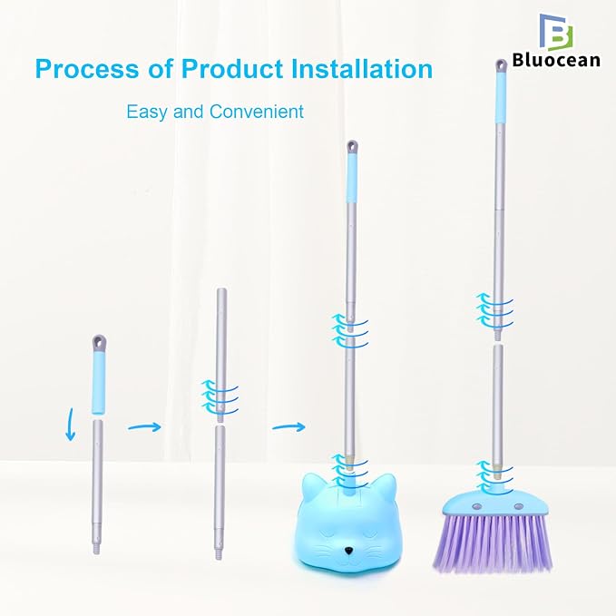 28'' Kids Mini Broom and Dustpan Set - Toddler Cleaning Toy, Toddler Household Helper, Parent-Child Interactive Play Cleaning Tool, Cute Cartoon Design, Small Safe Corner Broom (Blue)