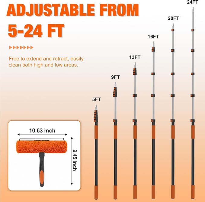 LAANPOLE 30FT Window Squeegee with Extension Pole, 2-in-1 Squeegee for Window Cleaning, Professional Cleaning Kit for Home with 24FT Telescoping Pole for Outdoor Indoor Use