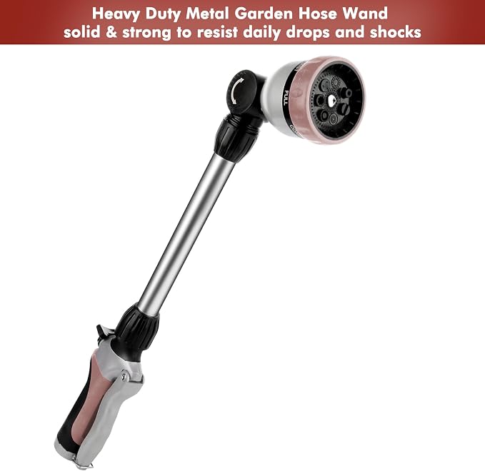 RESTMO Heavy Duty Metal Hose Wand, Watering Wand for Garden Hose | 180° Swivel Ratcheting Head, 16'' Hose Sprayer, 7 Spray Patterns, Flow Control, Ideal for Hanging Baskets & Shrubs, Rose Gold